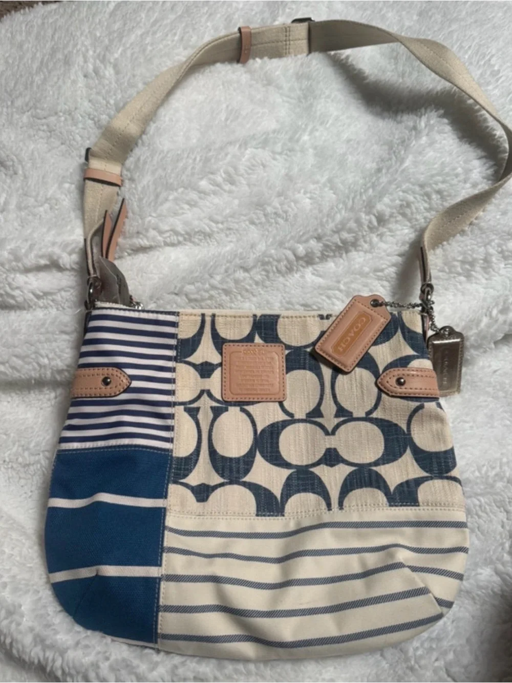 Coach Navy & Cream Patchwork Signature Crossbody Bag with Tan Leather Trim